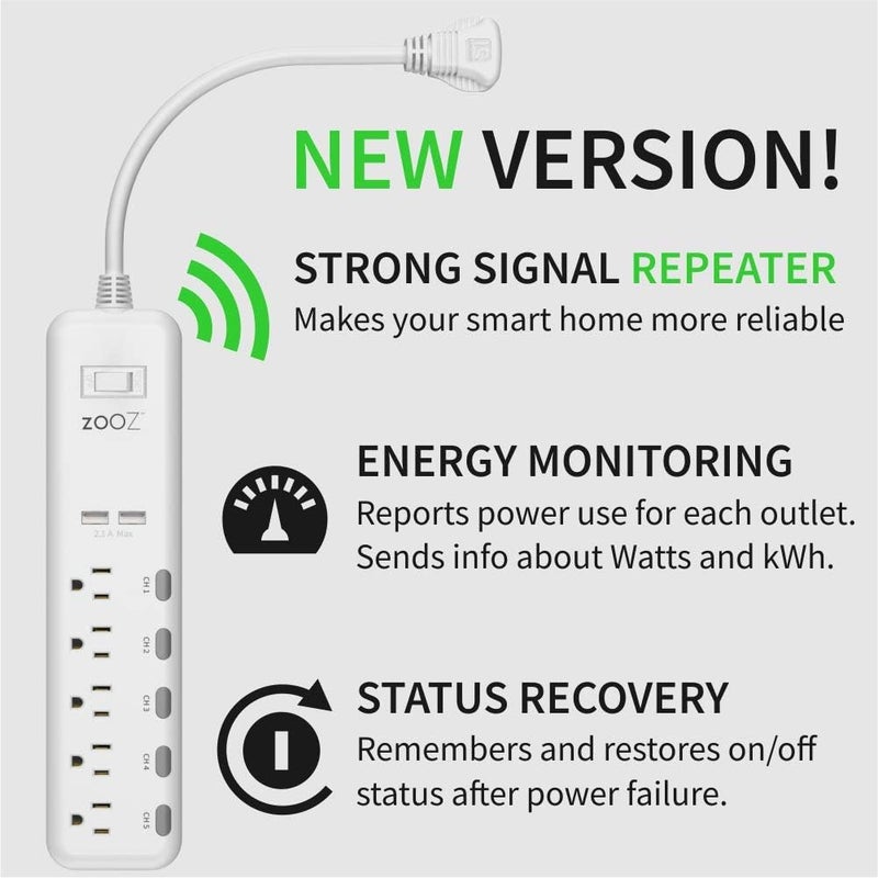 ZOOZ Z-Wave Long Range Power Strip ZEN20 800LR with Energy Monitoring and 2 USB Ports | Works with Z-Box, Hubitat, Home Assistant, Compatible with SmartThings - Image 1